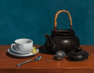 "Winter Tea in Kennett" by Karen Kappe Nugent, oil on canvas, 14" H x 18" W. 